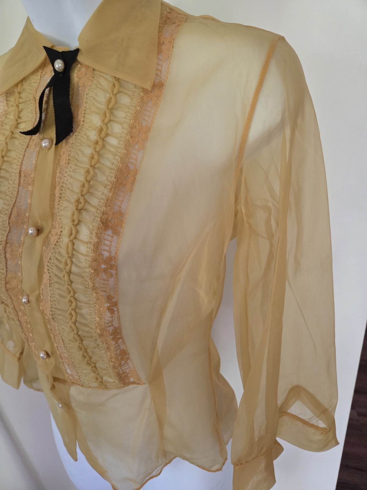 VTG 50’s Sheer Nylon Blouse Gold Ruffle Pleat Lace w/Point Collar Pearl Buttons