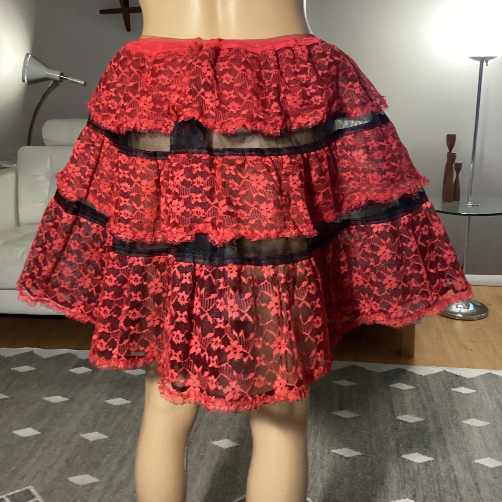 Vintage 50’s Stern Maid Red & Black Lace Tiered Rockabilly Petticoat Skirt