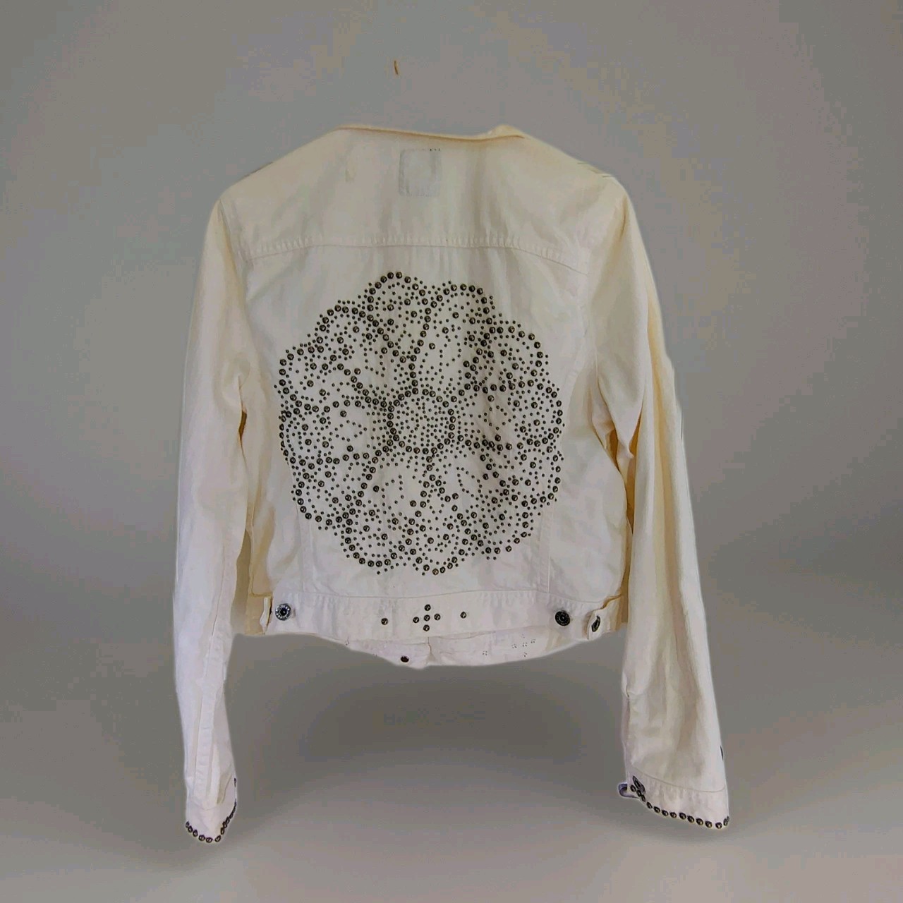 Lucky Brand Studded Denim Jacket XL White Cream Heavy Metal Studs Boho Medallion