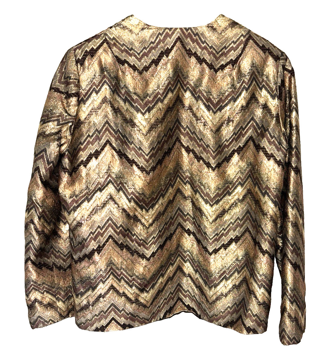 Vintage Bergdorf Goodman Womens 80s Brown Gold Jacket Zigzag Chevron Size 18