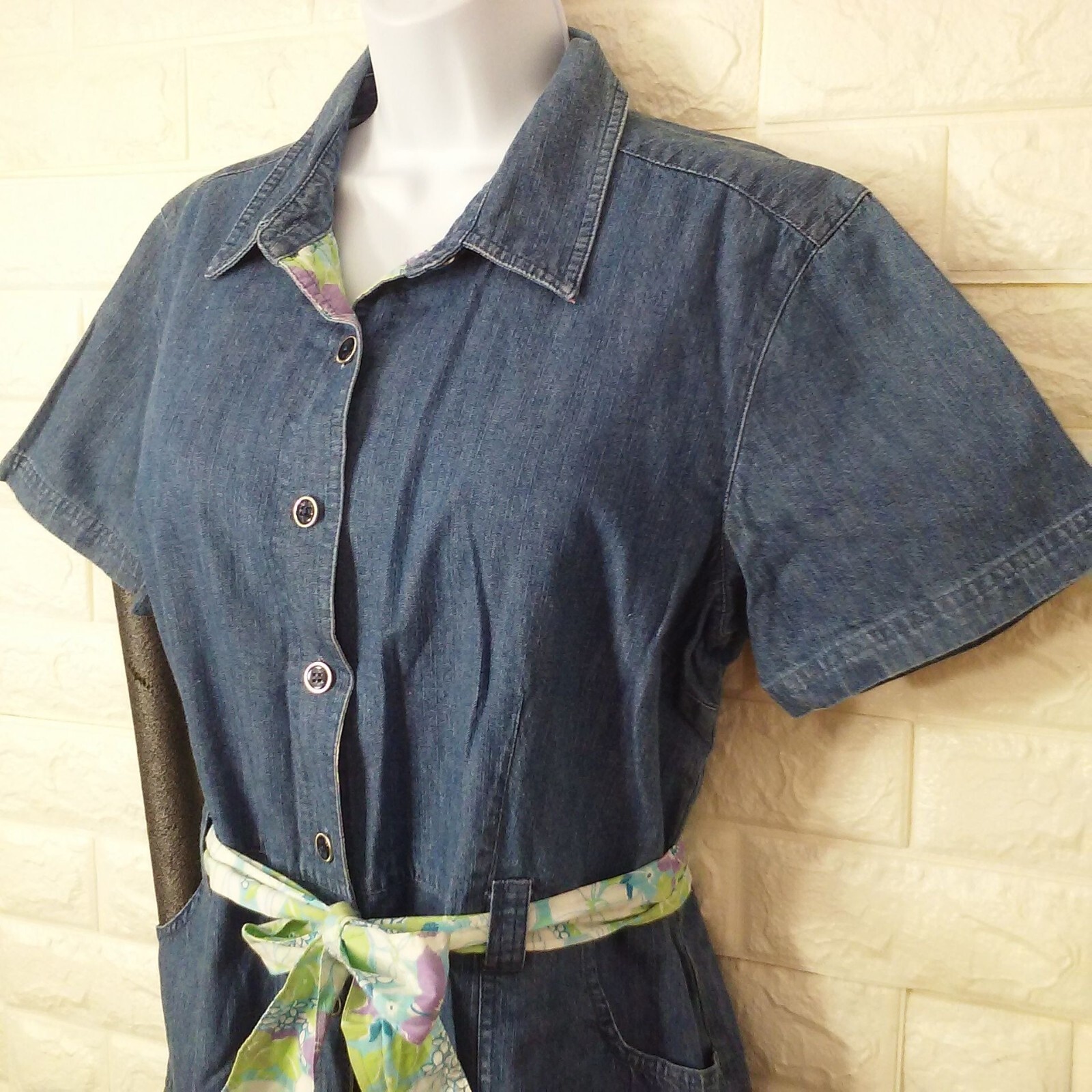 Vintage 90s Erika Denim Button-Front Shirt Dress XL(16) Pockets SSL Floral Belt