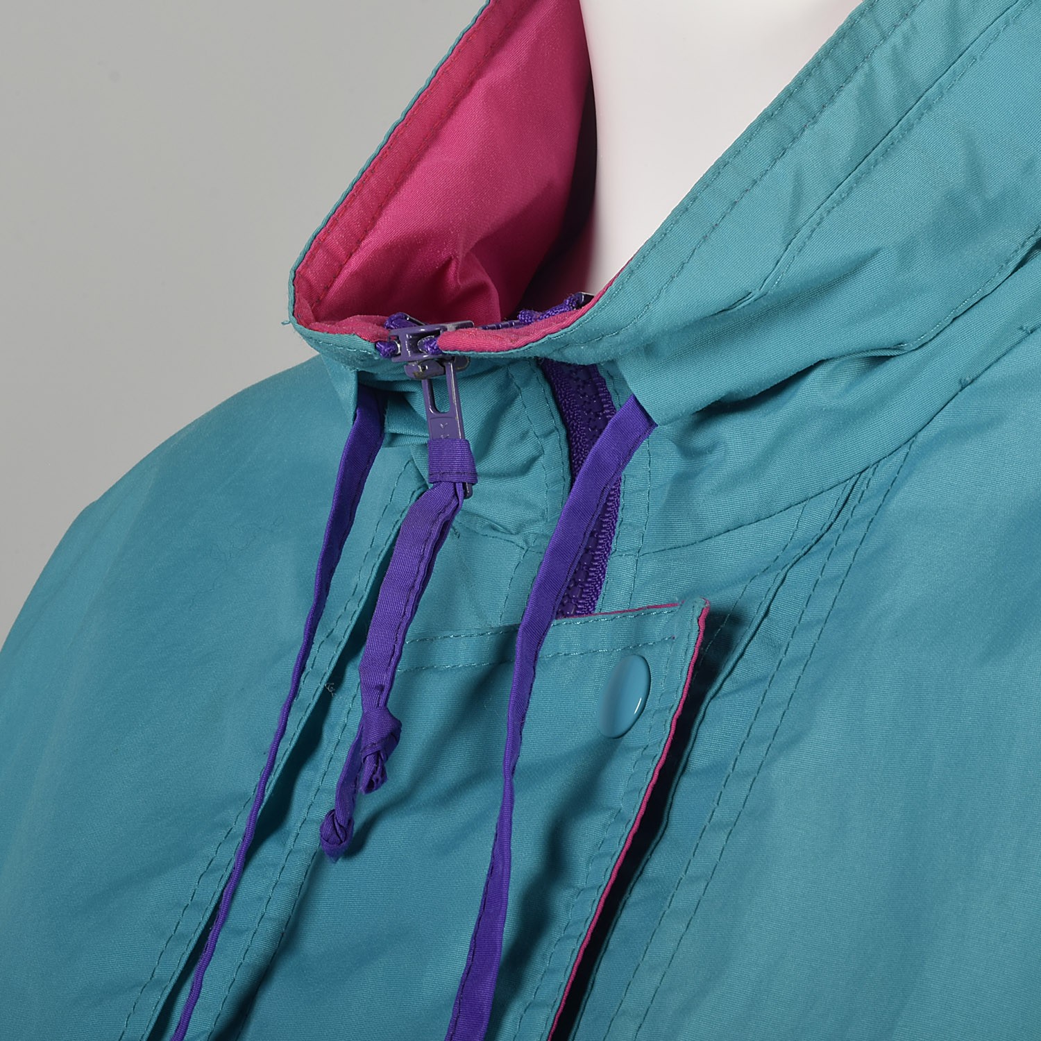 Medium 1980s Teal Windbreaker with Hot Pink and Purple Zippered Snap Closure