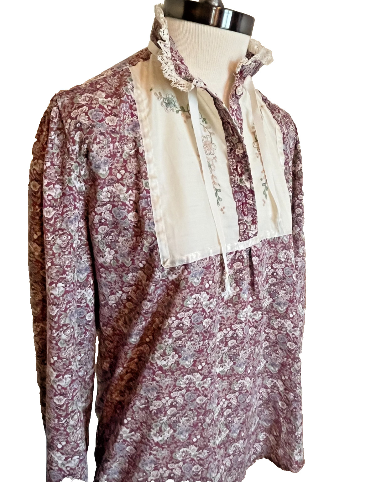 Vtg Funny Girl Blouse Shirt Size 13/14 High Neck Floral Calico Prairie Cottage