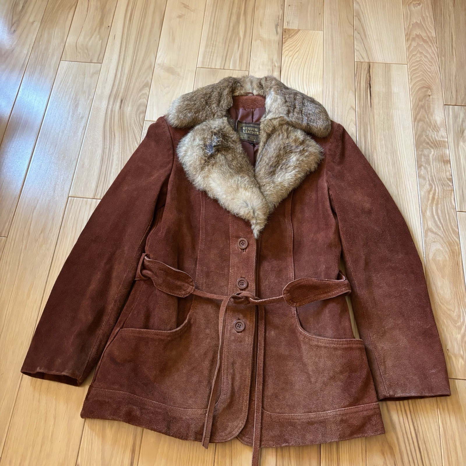 Vintage 70’s Genuine Suede Leather Rabbit Fur Collar Belted Jacket