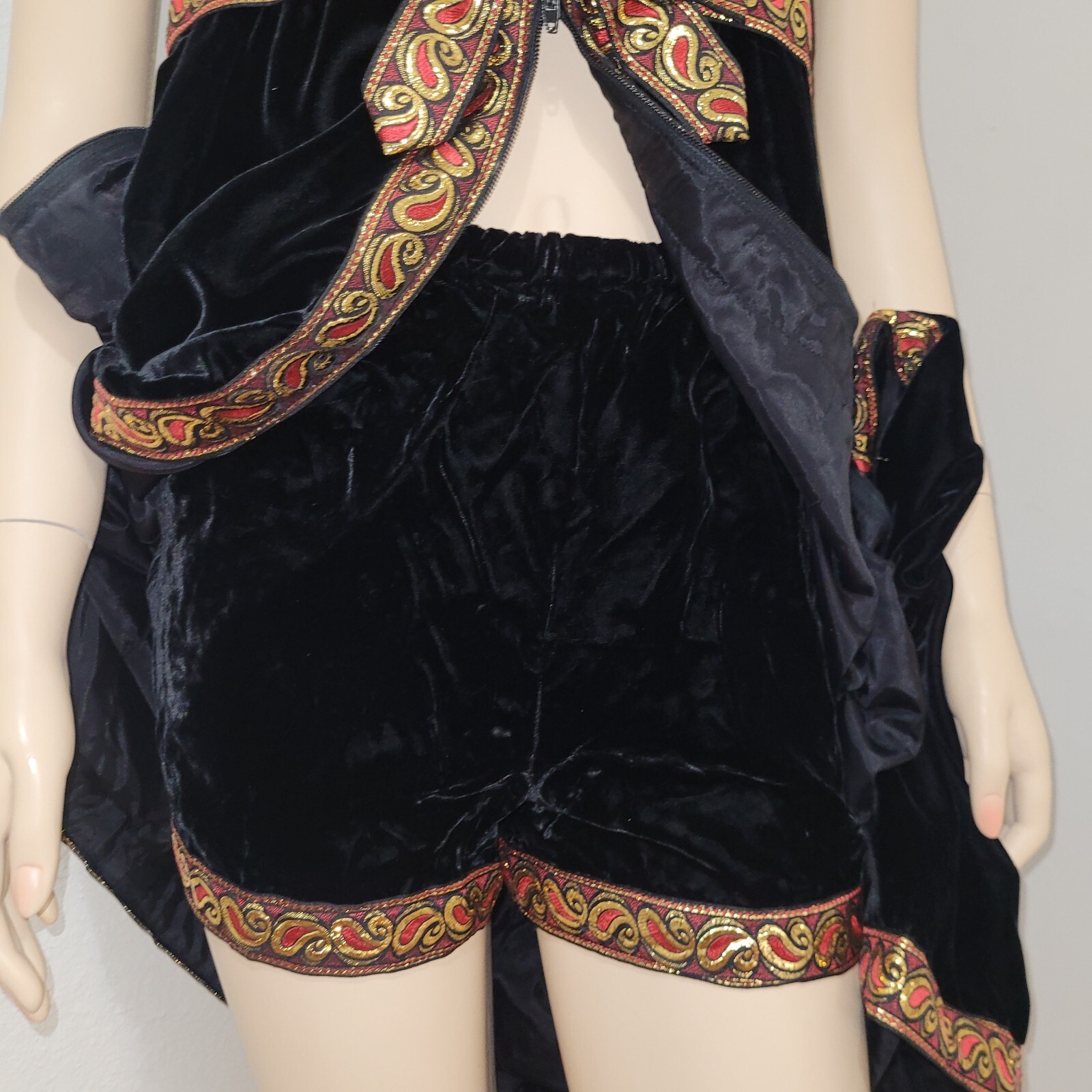 Mod Vintage Black Velvet Hostess Dress With Shorts Red & Gold Paisley Trim 1960s