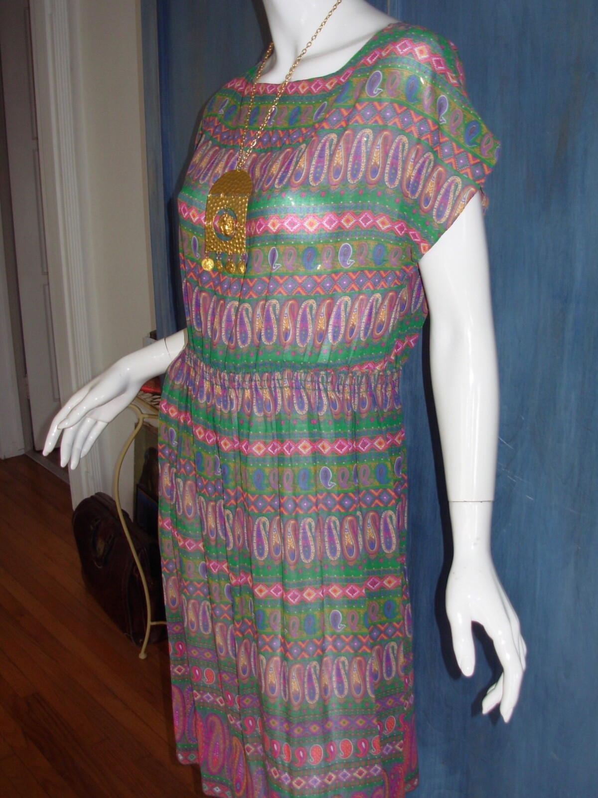 Vtg 70s 80s EDITH STRAUSS Dress M Patchwork PAISLEY Print Secretary Boho Peasant