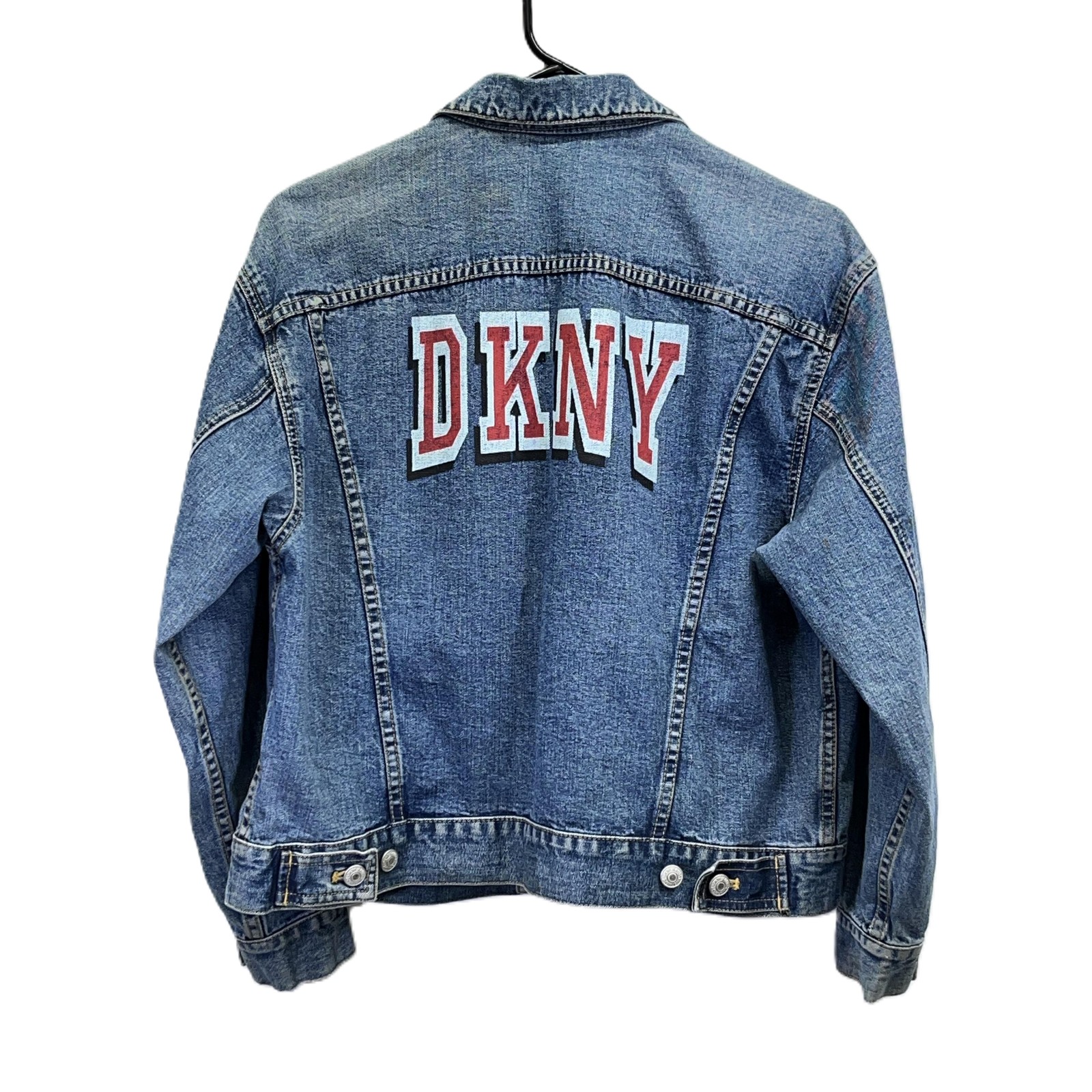 VTG DKNY Spellout Logo Womens’ Blue Jean Petite Button-Up Denim Jacket Size PM
