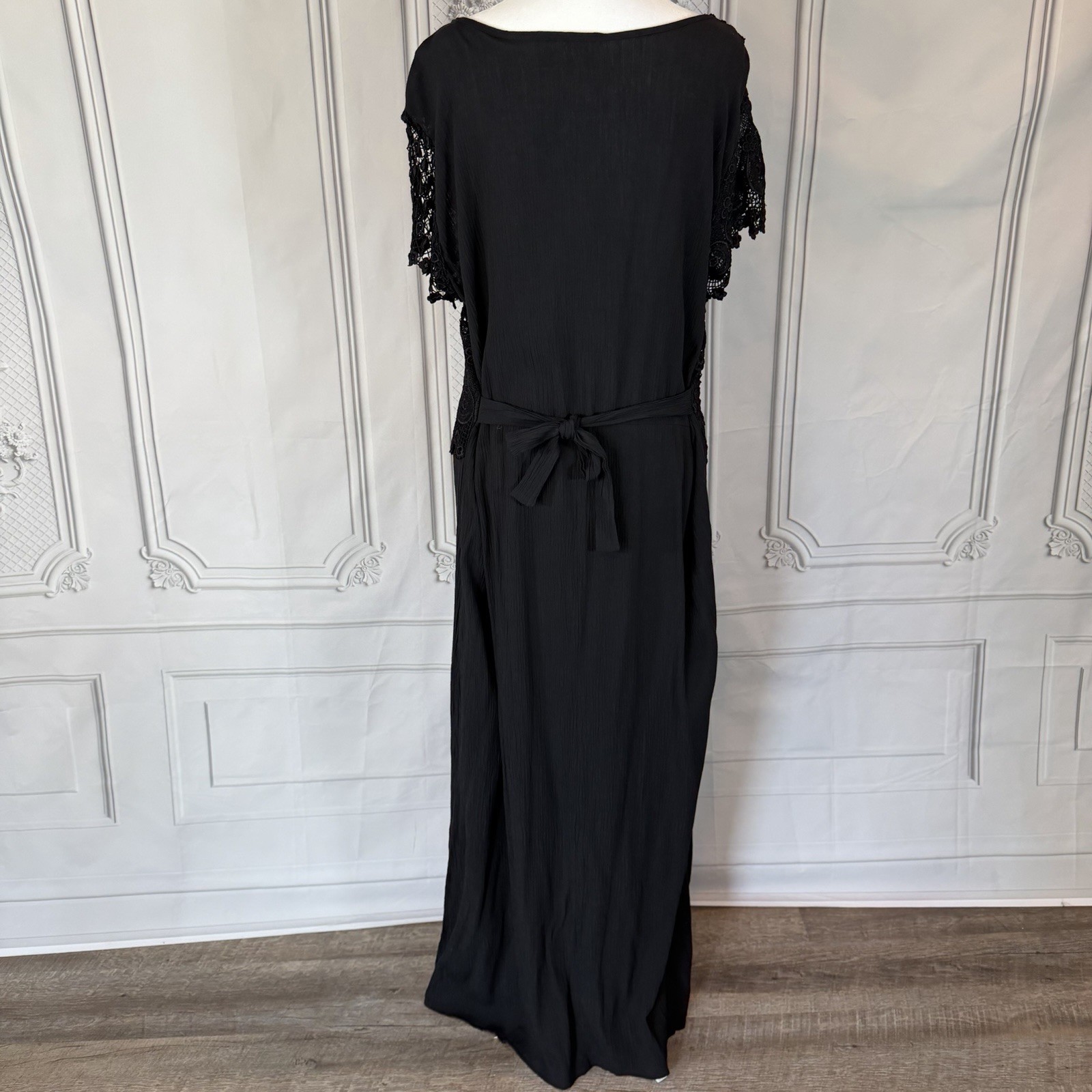 Vintage 90s Magnet Art Lynn Yang Boho Crochet Lace Overlay Dress SZ L Maxi Flowy