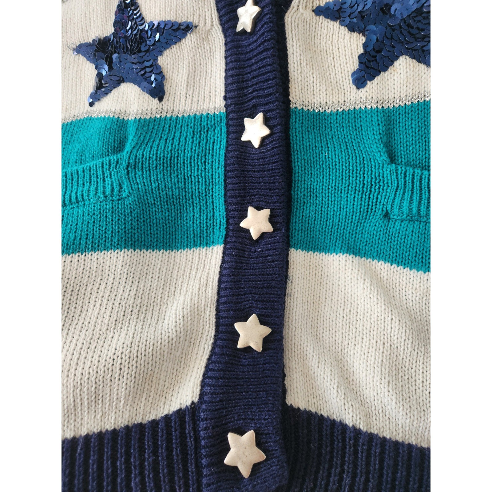 I.B. Diffusion Star Cardigan Womens Medium Navy Teal Sequin Vtg 90s Good Starry