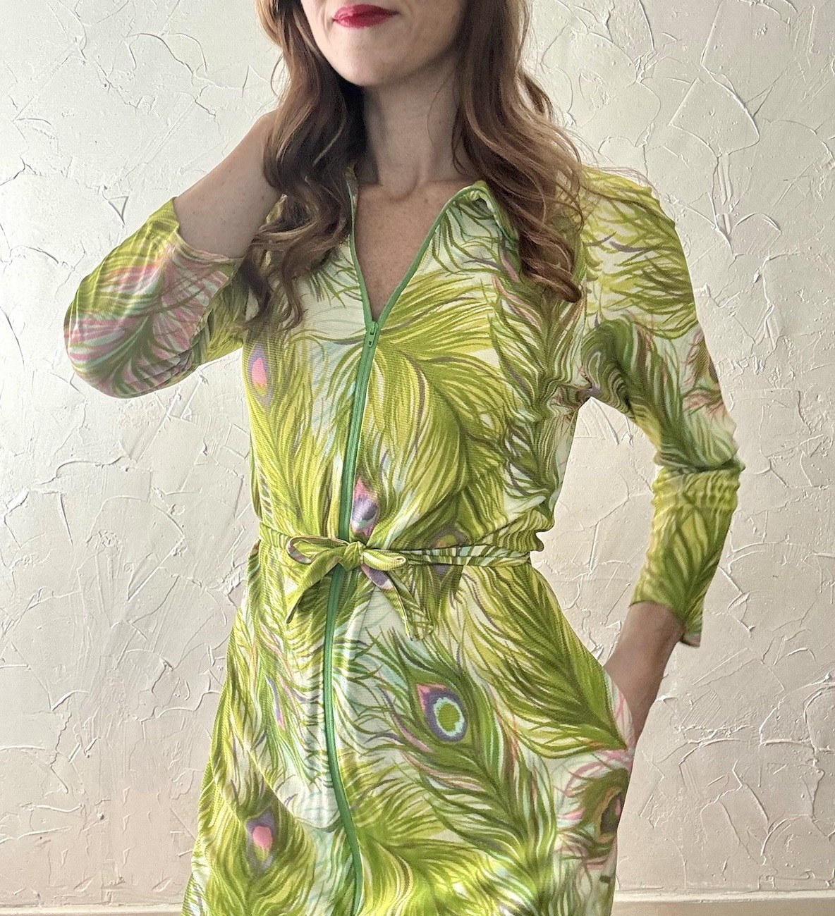 Vintage Early 1970s Peacock Feather Print Jersey Lounge Dress Paulette