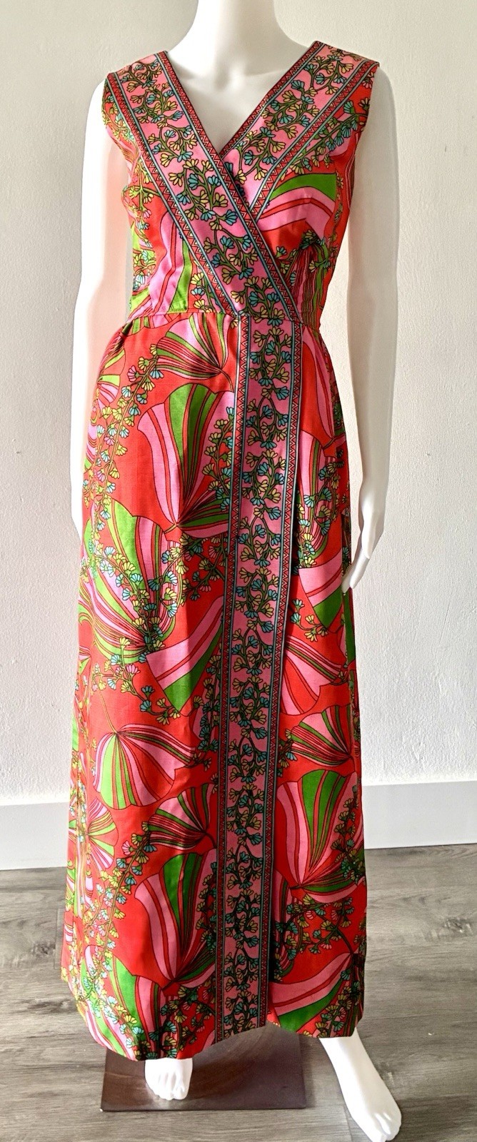 Vintage 70s B.Altman Faux Wrap Maxi Dress Gown PINK RED MOD Size 14