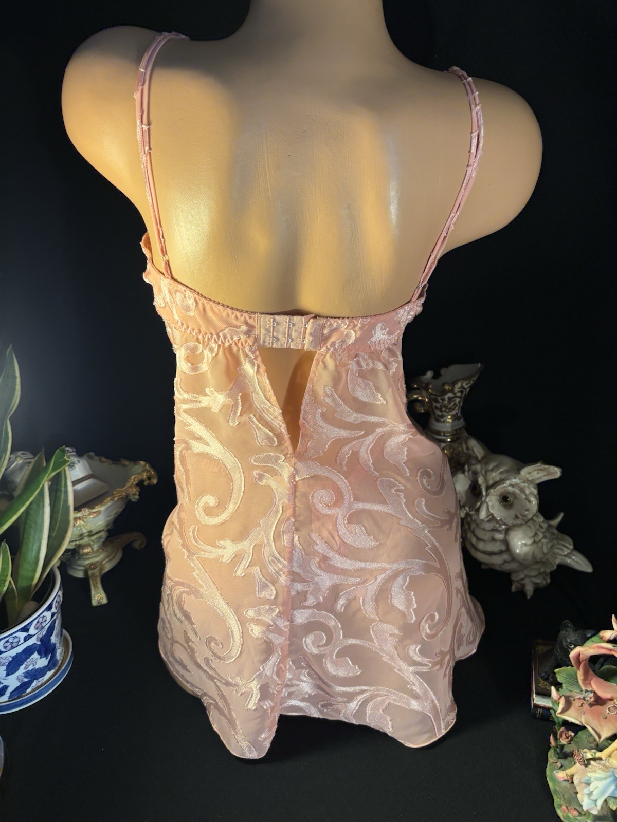 Vtg Satin Soft Burnout Nightie Thong Panties VS Babydoll Damask Sheer Gown Set S