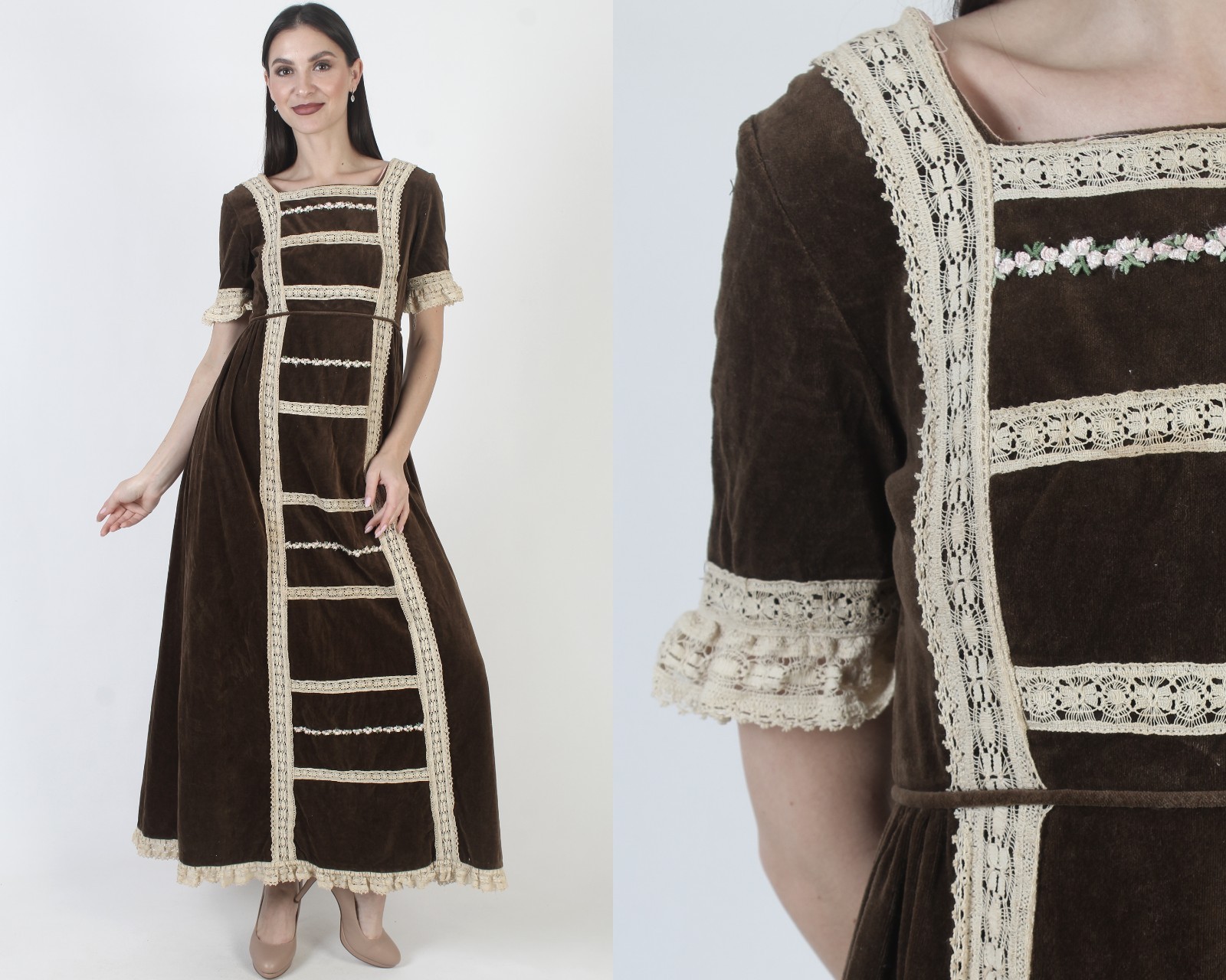 Vtg Brown Velvet Prairie Dress Cotton Cream Crochet Cottage Boho Wedding Gown 11