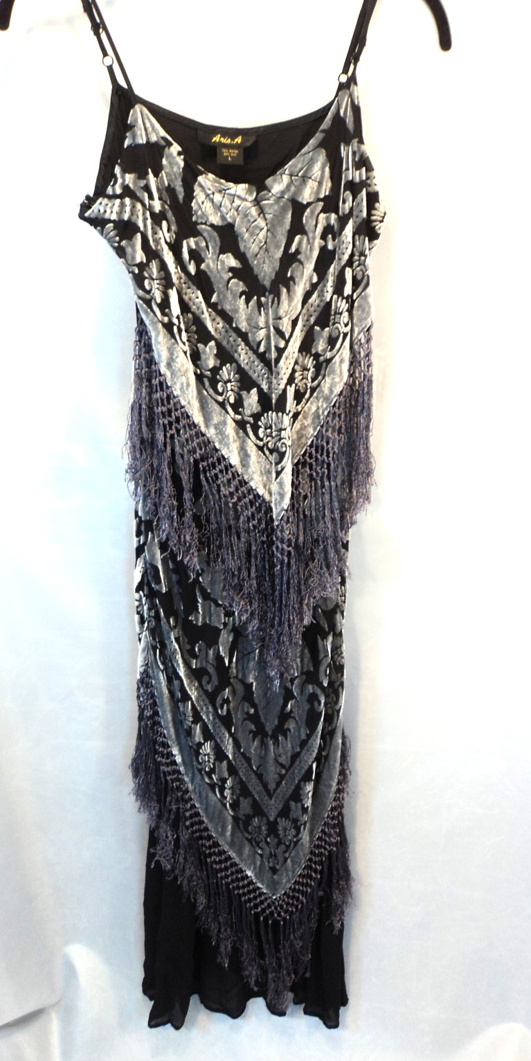 Vintage Aris A Y2K Silk Blend Burnout Velvet Fringe Maxi Dress Sz L