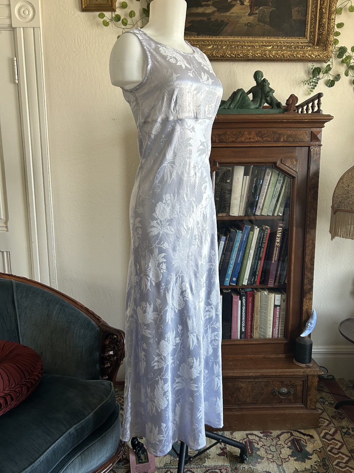 Vintage 1990s Ice Blue Lilac Satin Maxi Dress Empire Waist Formal Dress 7/8 S/M