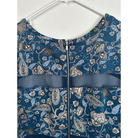 Boutique Teal Paisley Floral Mesh Panel Sheath Dress 1X Short Sleeve Blue