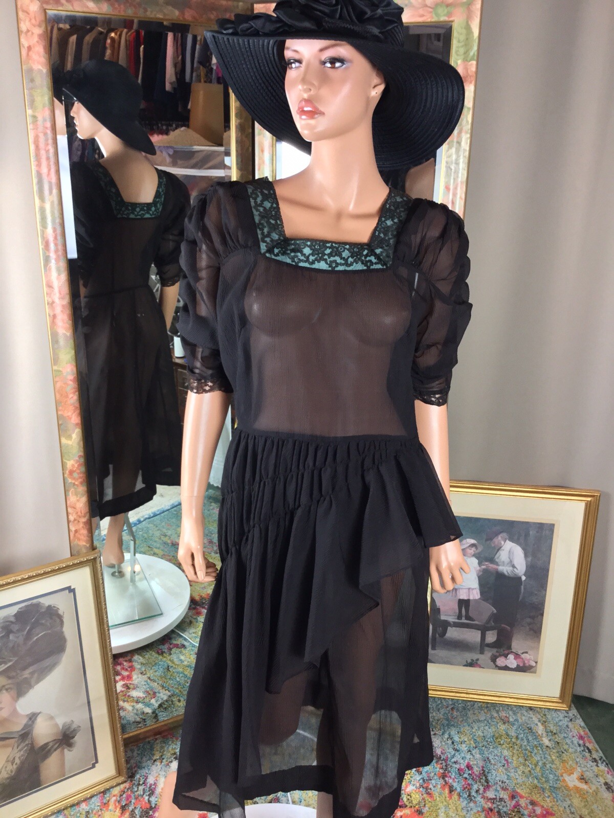 Vtg 20s Black Sheer Dress Sz 10 Layered Front Flapper Style Square Neck 36” Bust
