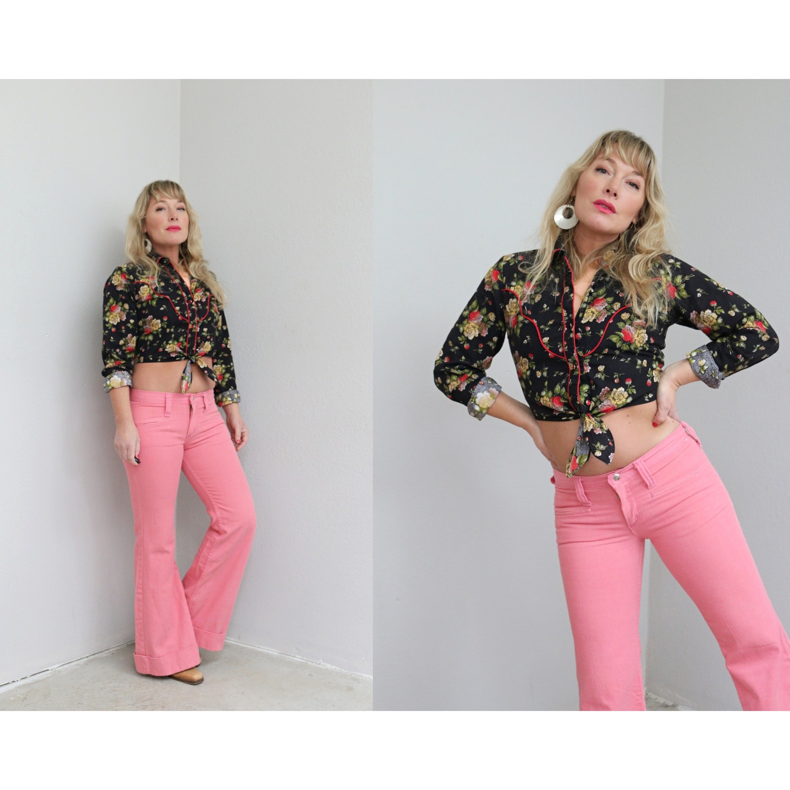 1970’s Vintage Maverick Salmon Pink Low Rise Bell Bottoms Pants ~ Women’s XXS XS