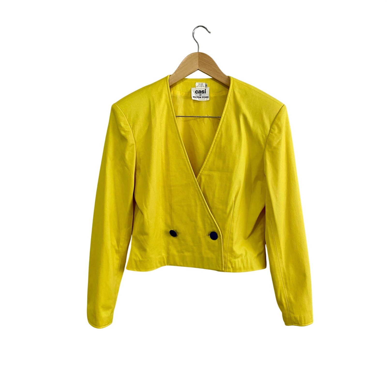 Vintage casi by Milton Ford Yellow Cropped Blazer Jacket Blue Buttons Size 12