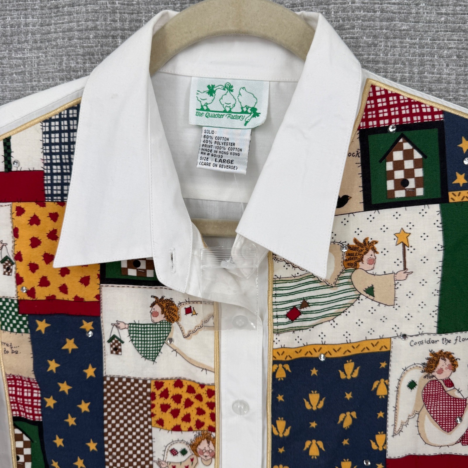 Vtg New Quacker Factory Button Up Shirt Women L Angel Patchwork America Country