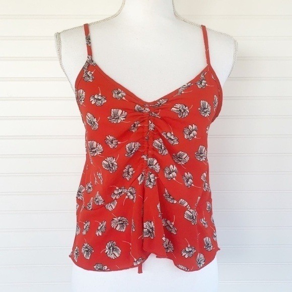 Papermoon Floral Ruched Peplum Camisole Top Size Large Red Boho V-Neck