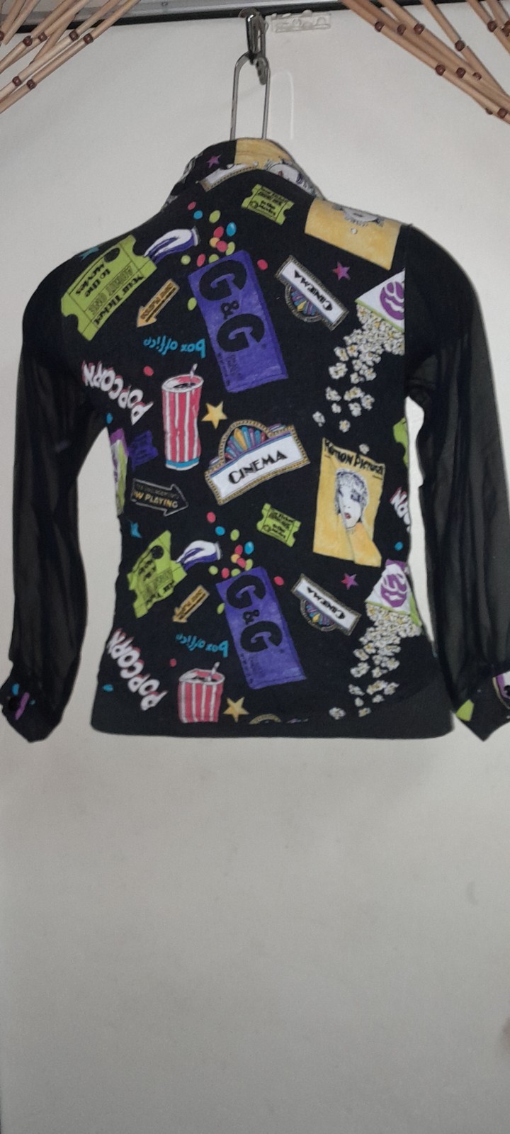 Vtg 80s 90s Movie Amy Byer RARE Cinema Noir Popcorn Print Sheer Sleeve Blouse XS
