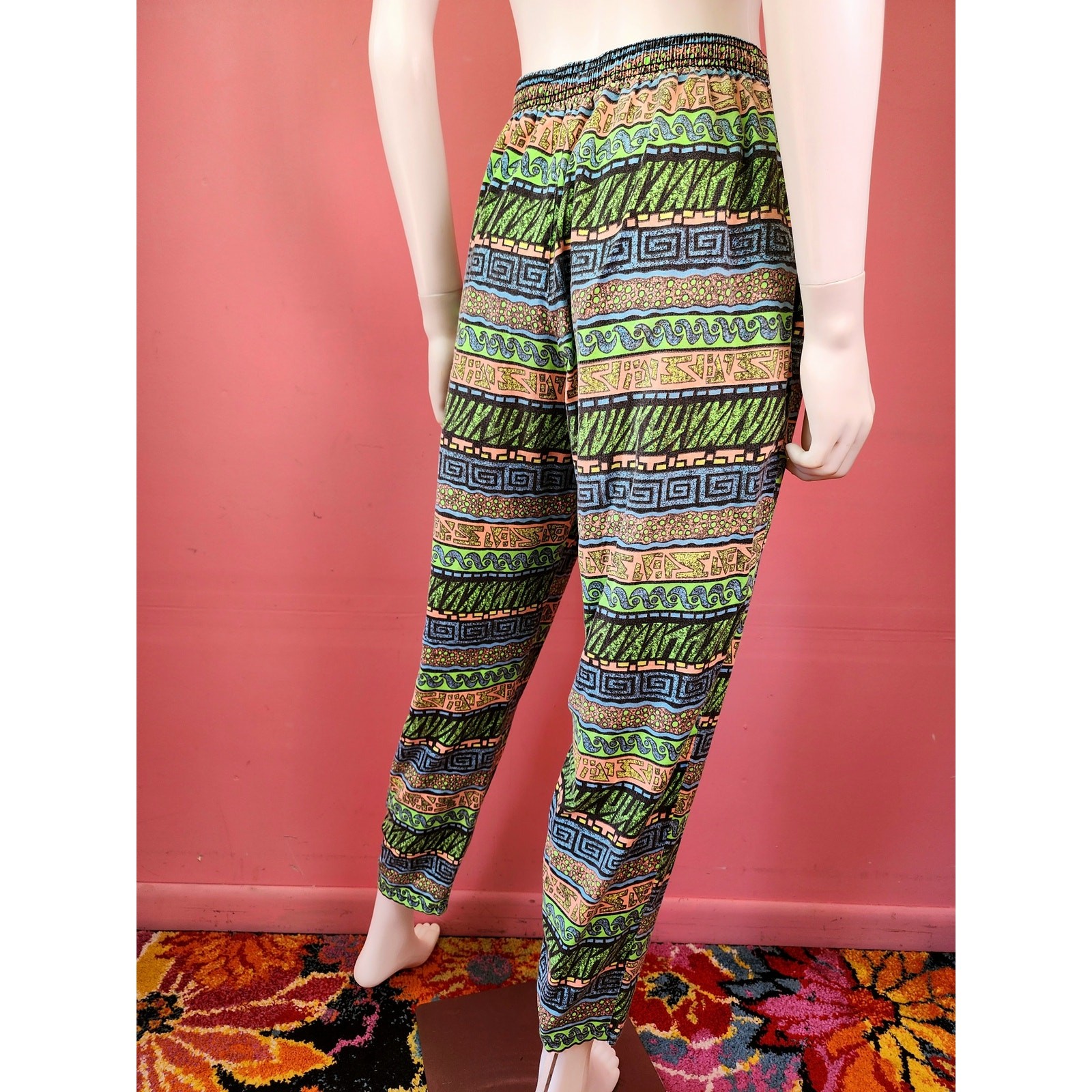 Vintage 1980’s/1990’s JoJo Green Pink Abstract Surfer Muscle Parachute Pants