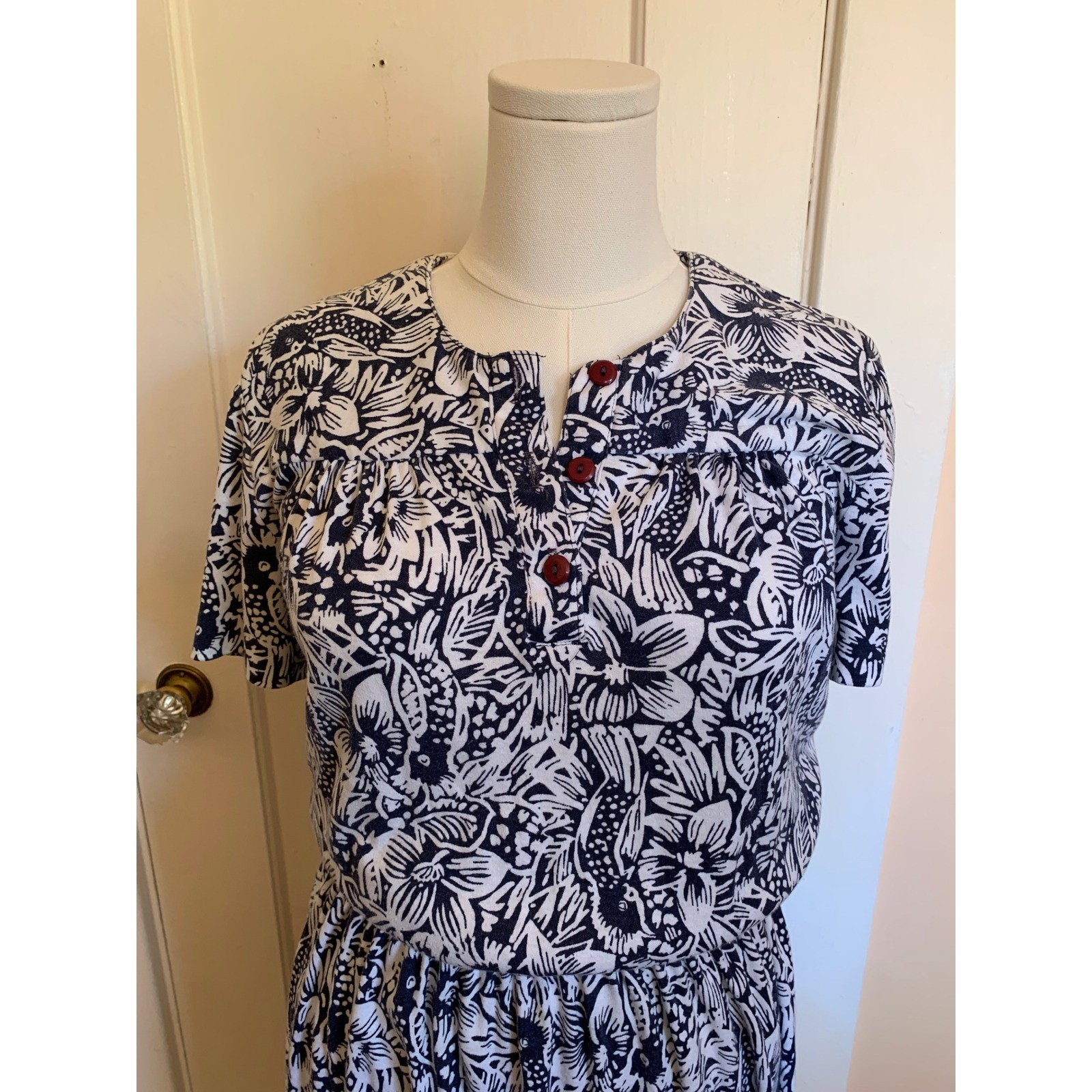 Virgo II Vintage 70s Floral Bird Print Midi Dress Blue White Union Made USA