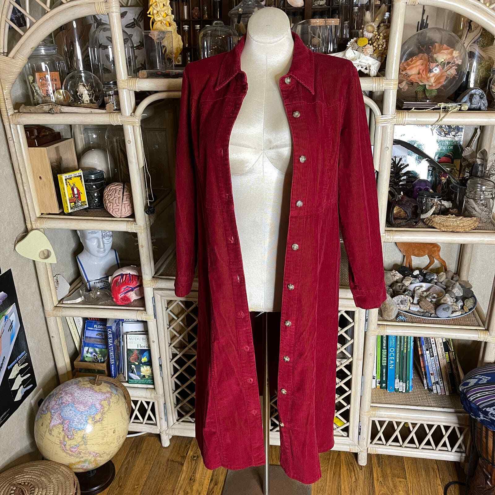 Vintage 90s Red Corduroy Dress Long Sleeves Button Front Midi Chelsea Studio 14P