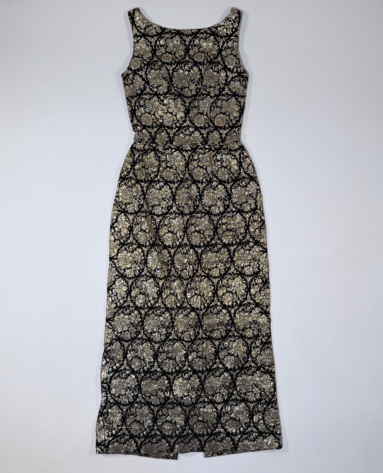 Vintage 60s JR Theme New York Gold Jacquard Brocade Sheath Maxi Dress Barbie