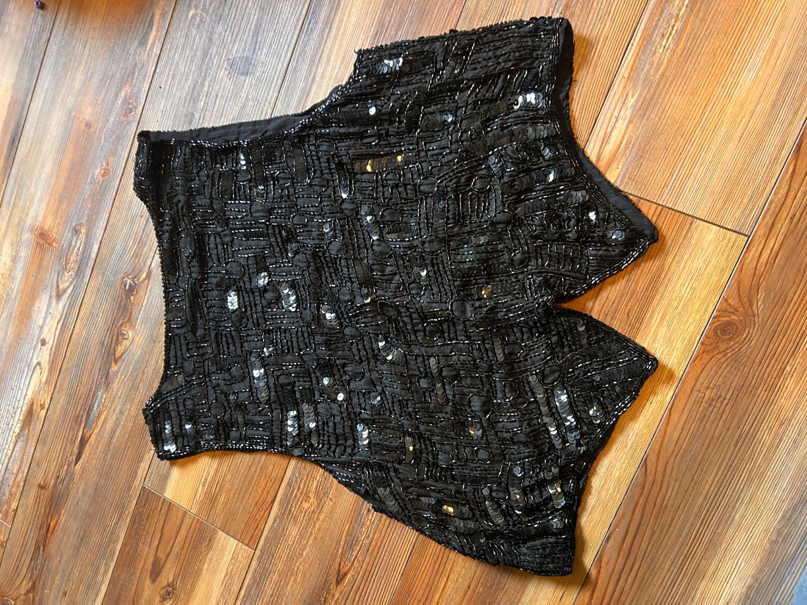 Vintage Crop 80s 90s Y2K Rachna Black Silk Sequined Beaded Vest Small Glam Sexy