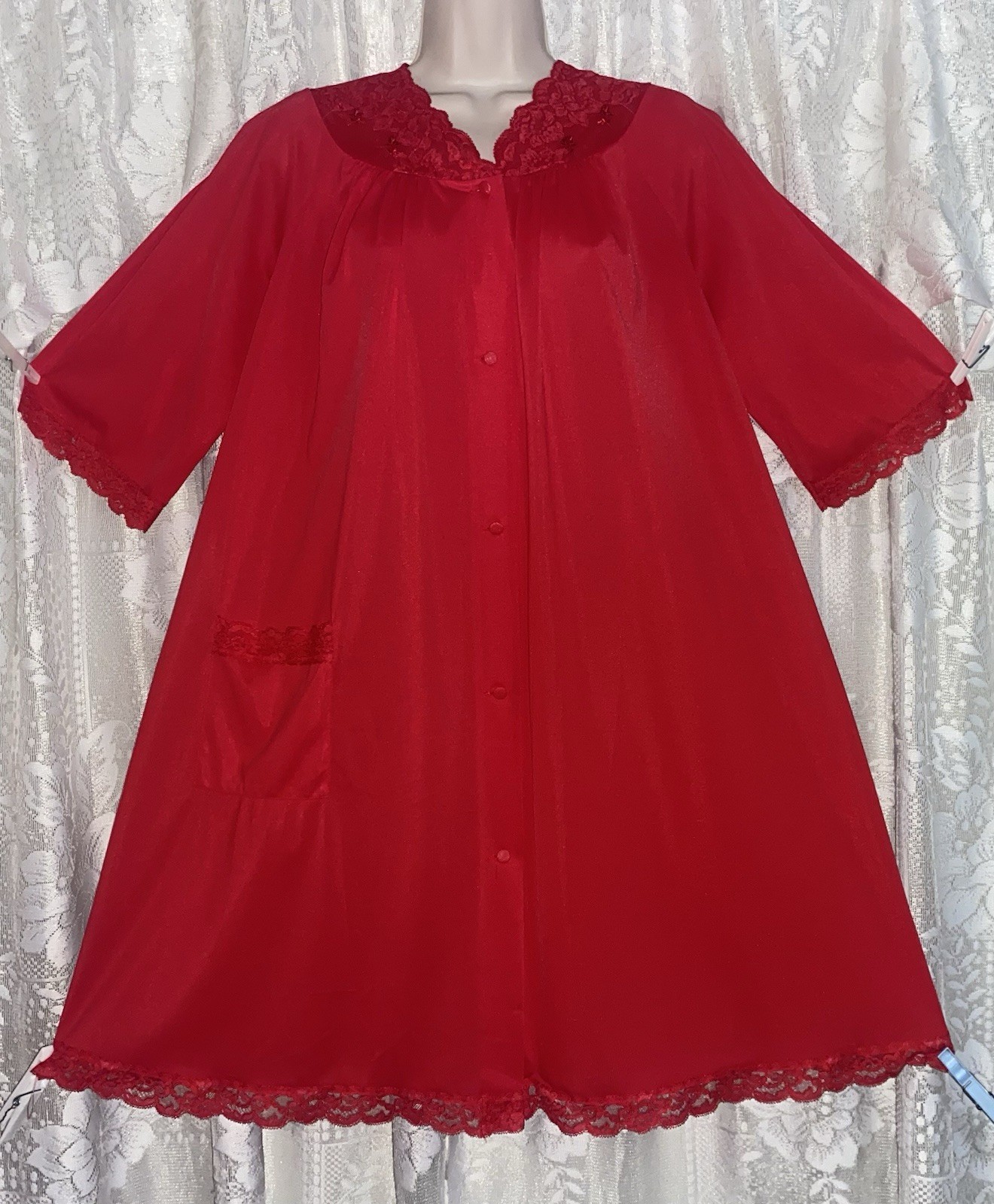 VTG M L Shadowline Rich RED Nylon Peignoir Robe for nightgown w Lace & Pocket