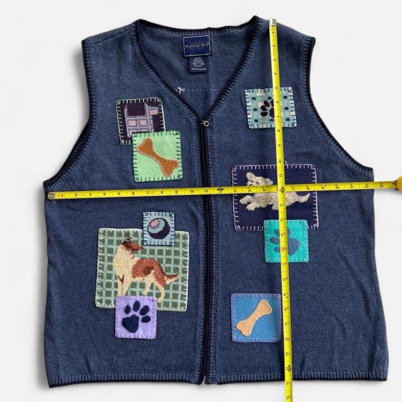 Eagle’s Eye Blue Knit Embroidered Cross Stitch Dog Zippered Sweater Vest Granny