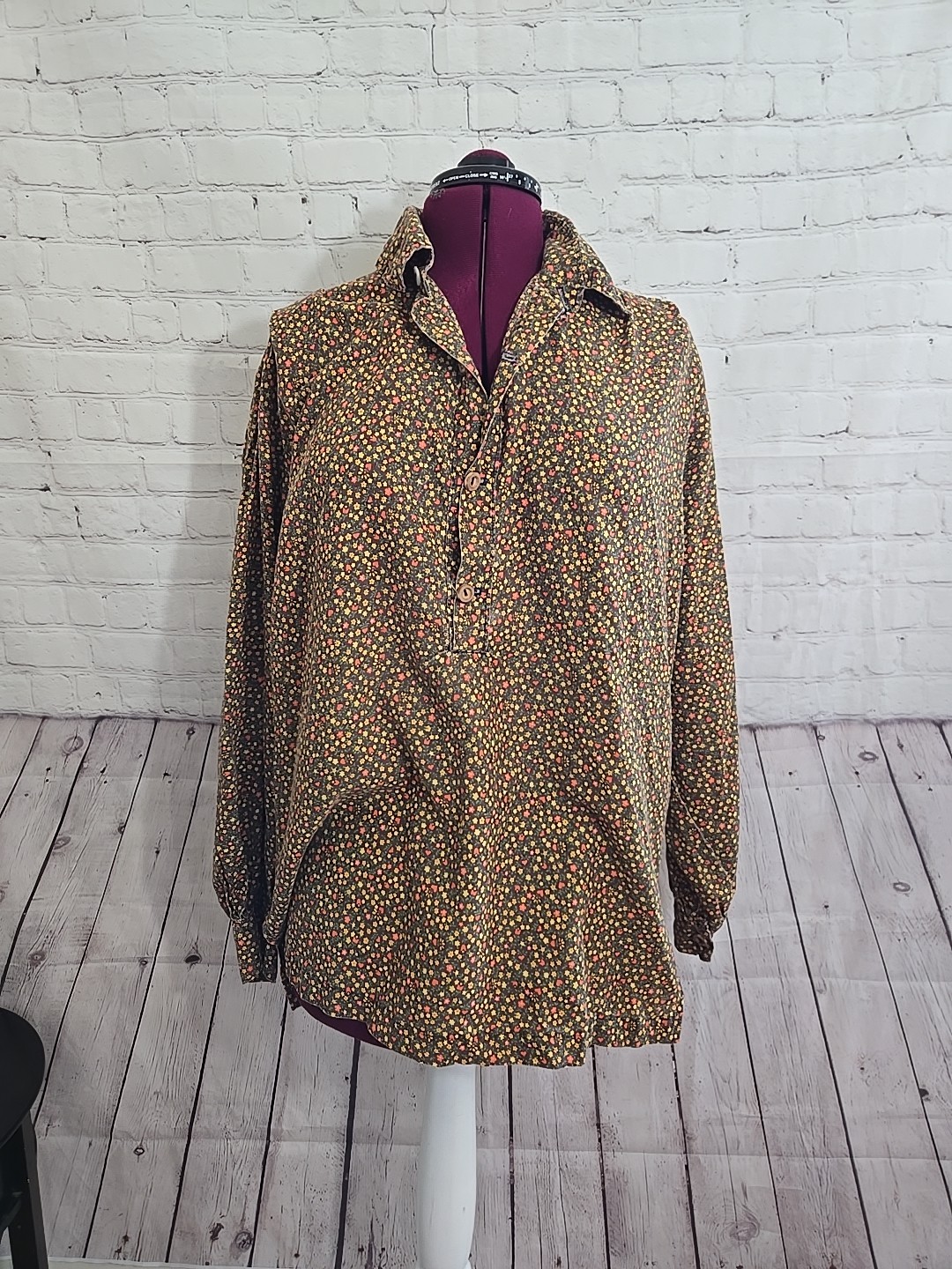 Vtg 70s Handmade poet blouse Bishop Sleeve Hippie Folk Art Floral Unisex OneSize