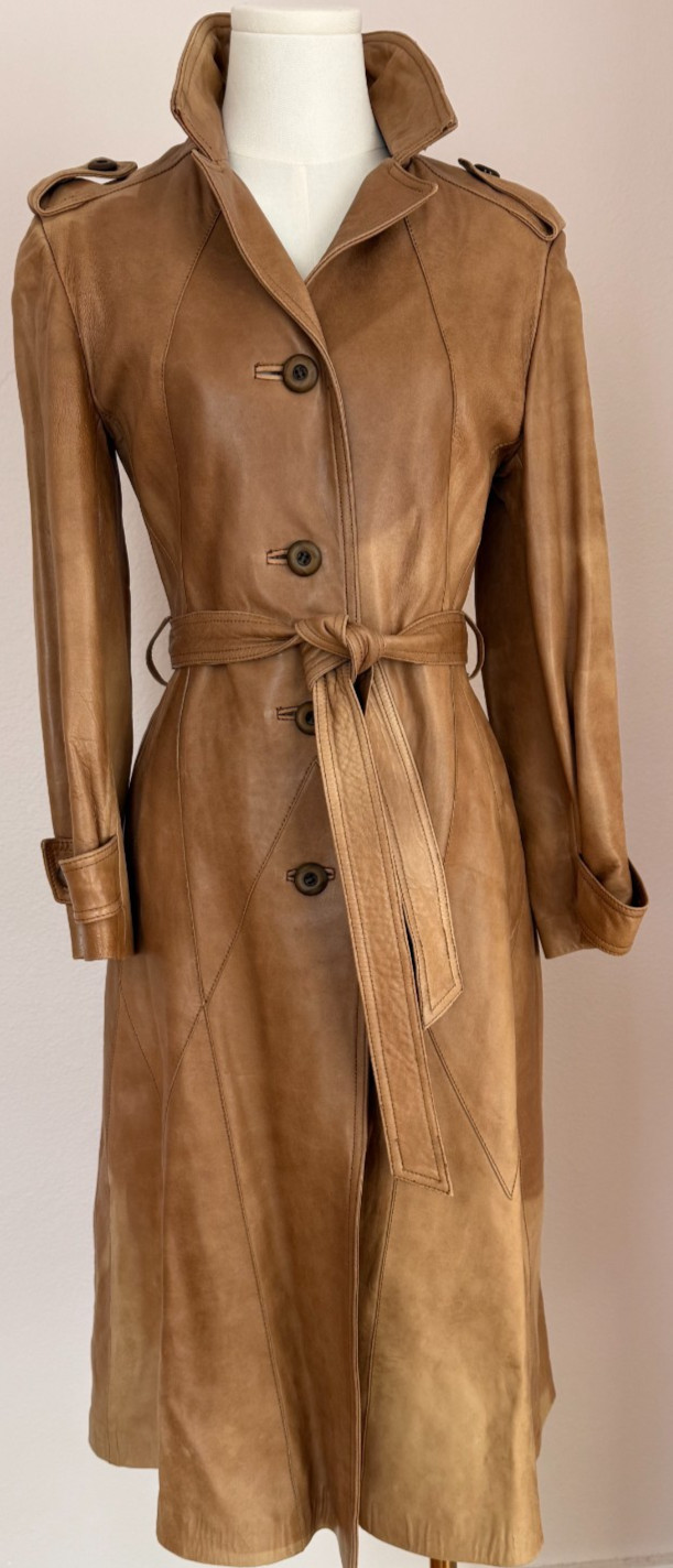 Vintage 100% Leather Trench Coat XS XXS Tan Belted Jacket Handmade in Mexico
