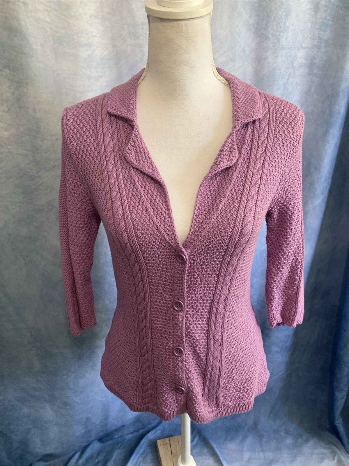 Vtg Y2K Heather B Purple Knit Cardigan Top S Cotton 3/4 Sleeve Collared Coquette