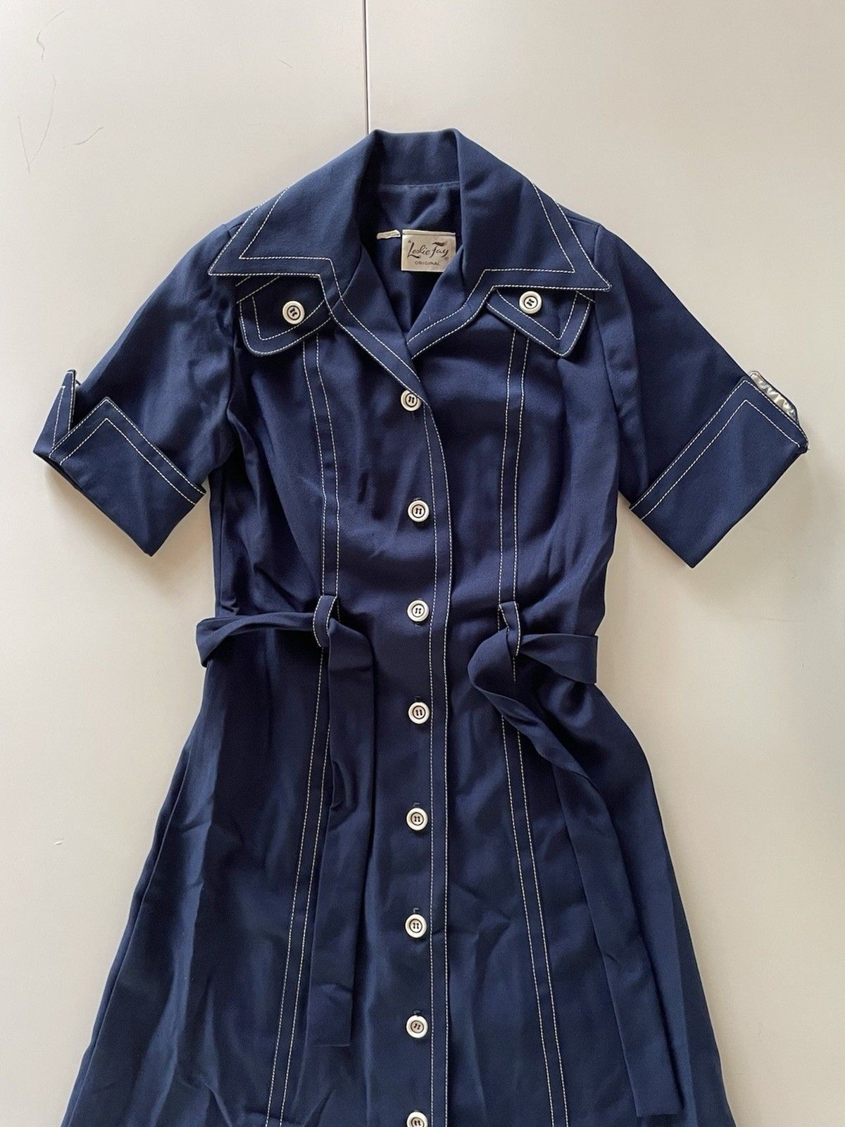 Vintage Leslie Fay Navy Blue Dress with White Stitching and Matching Belt