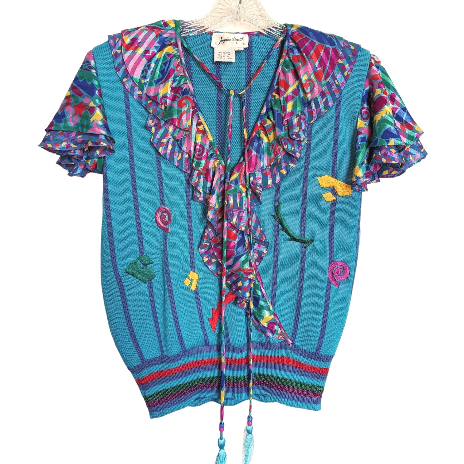 Jaymee Papell Vintage 80’s Sweater Colorful Ruffle Embroidered Short Sleeve