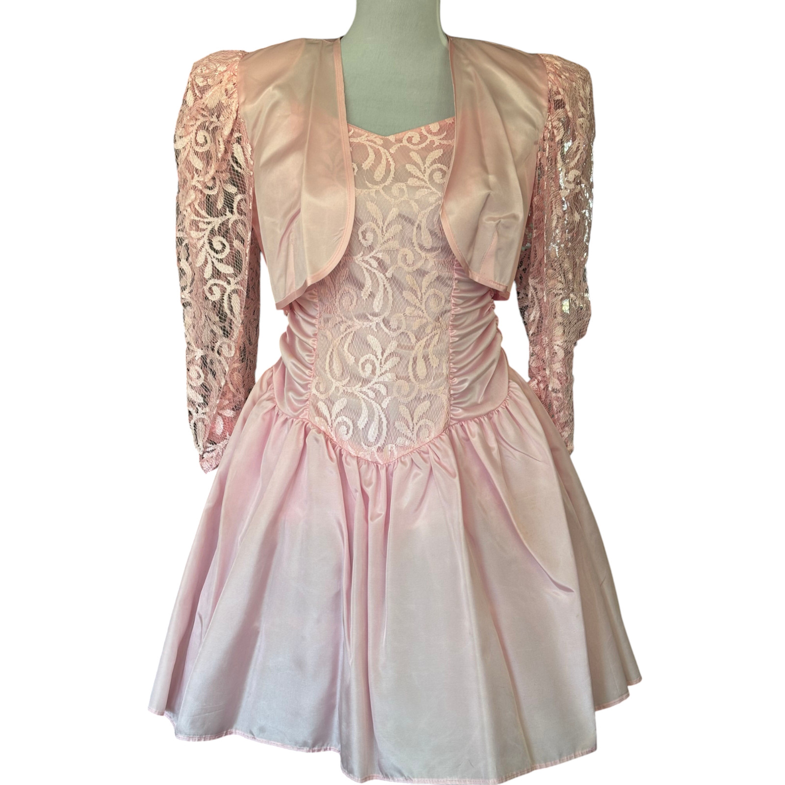 Vtg 90s pink Lace Fit & Flare Party Prom Dress w bolero jacket juniors sz 3