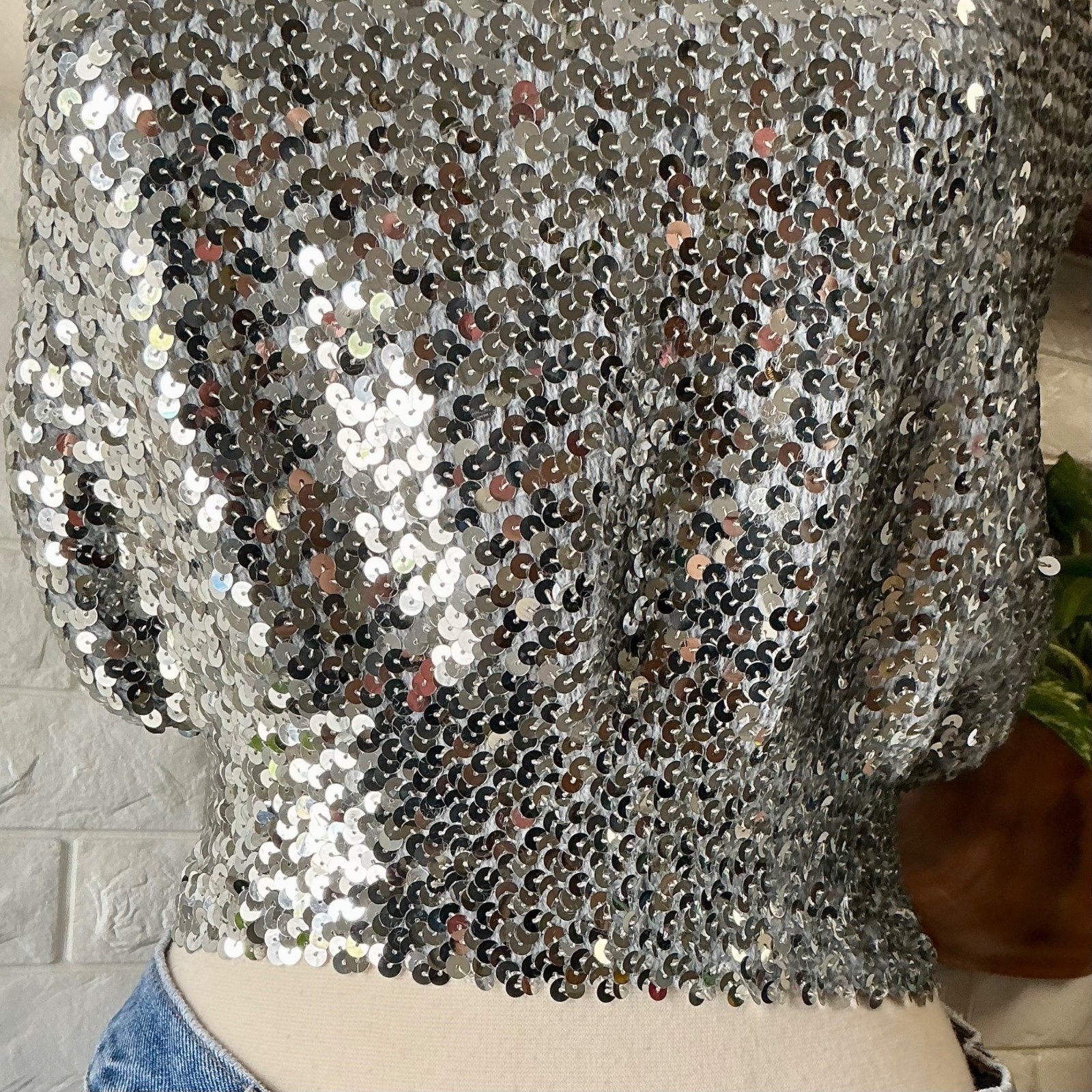 Vintage 1970s Disco Metallic Silver Sequin Tube Top