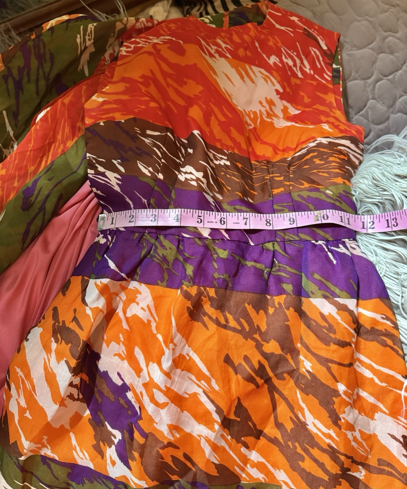 Vtg Hostess Column Dress Hawaiian Cali Belt Scarf Vibrant Art Silk XXS ILGWU 60s