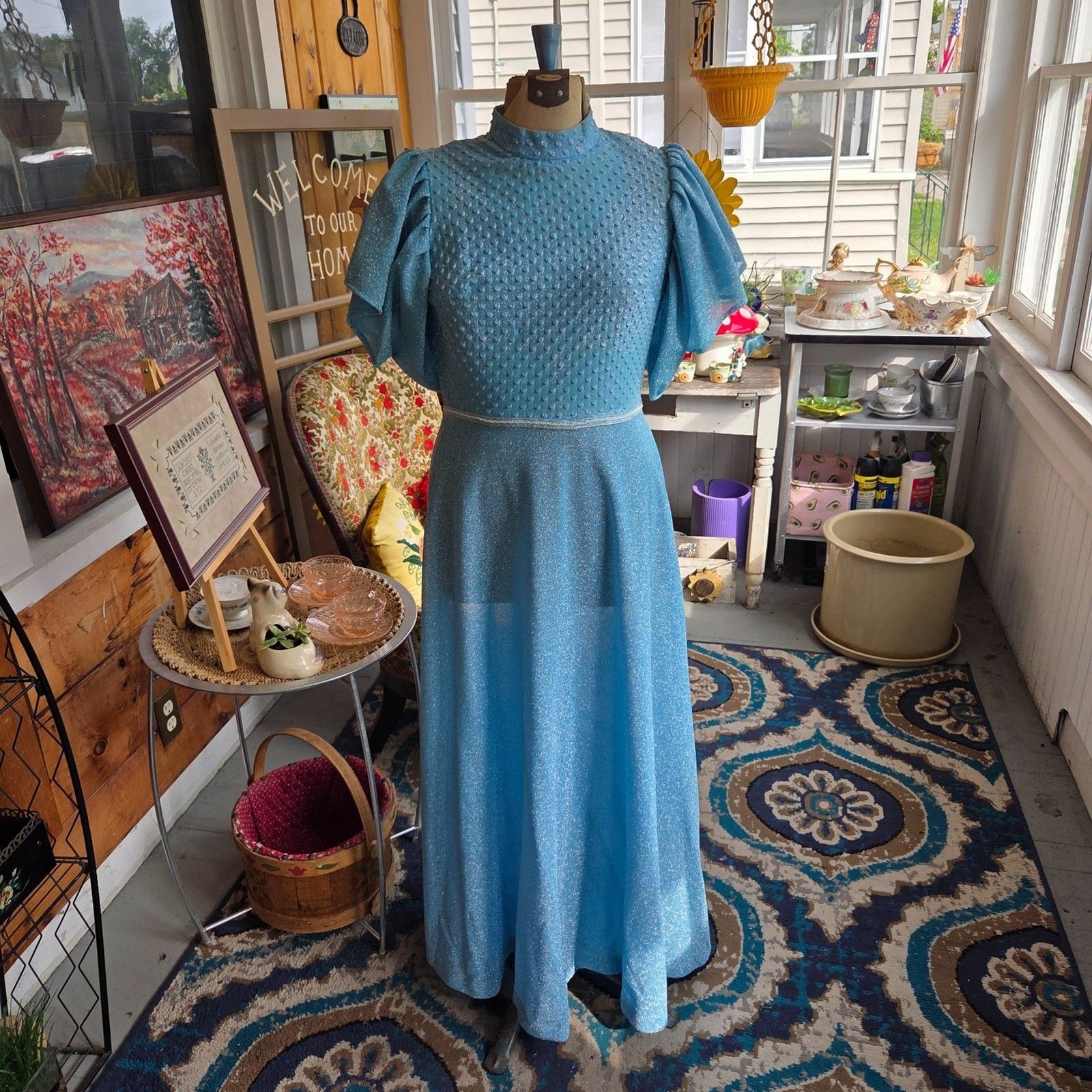 Vintage 60s Lurex Metallic Blue Maxi Disco Puffed Sleeves Transparent Size Small