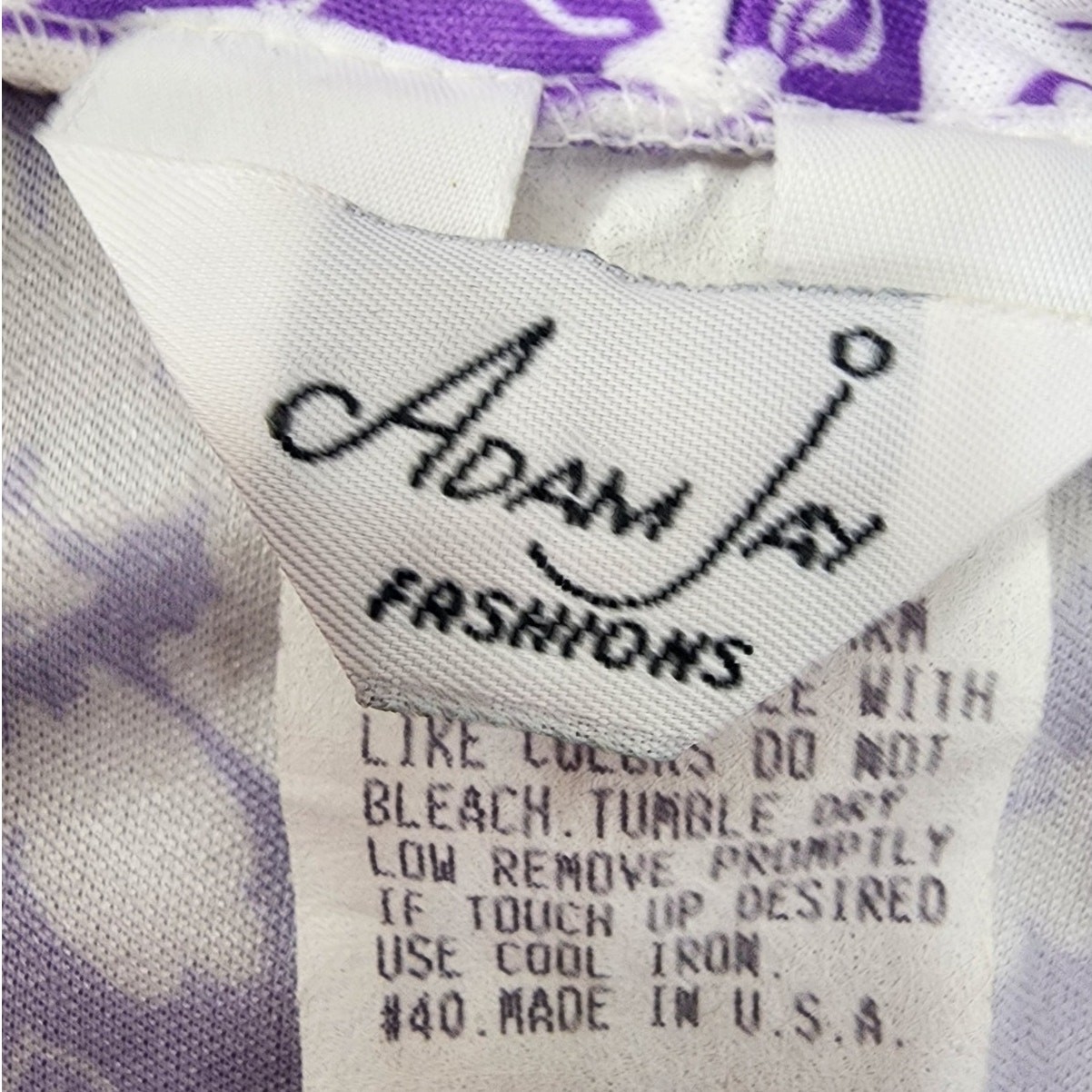 Vintage Adam Jay Fashions Top Womens M Purple White Floral Tie Neck Cap Sleeve