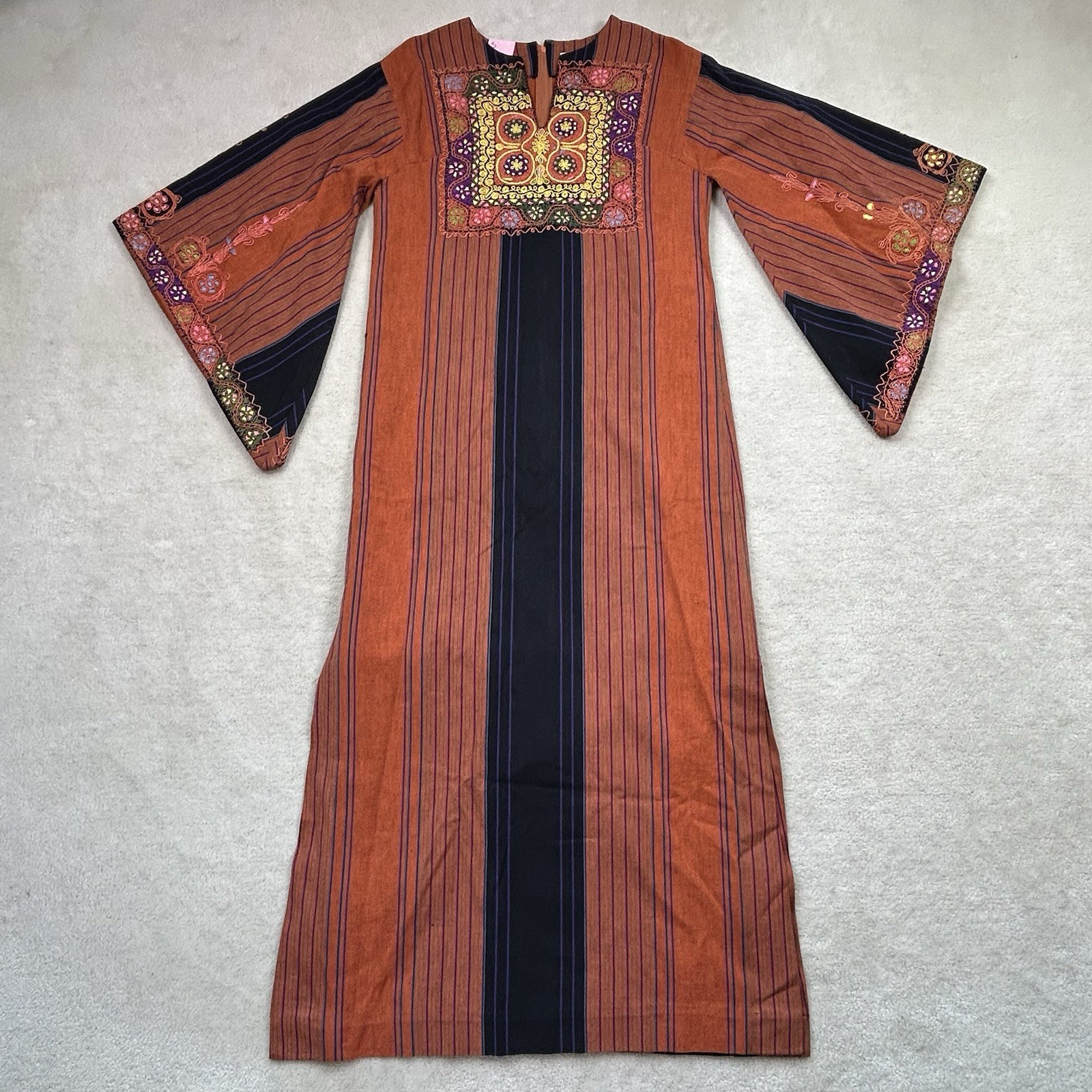 Vintage Maskit Robe Dress 1970s Women’s M Israeli Hand Embroidered Cotton