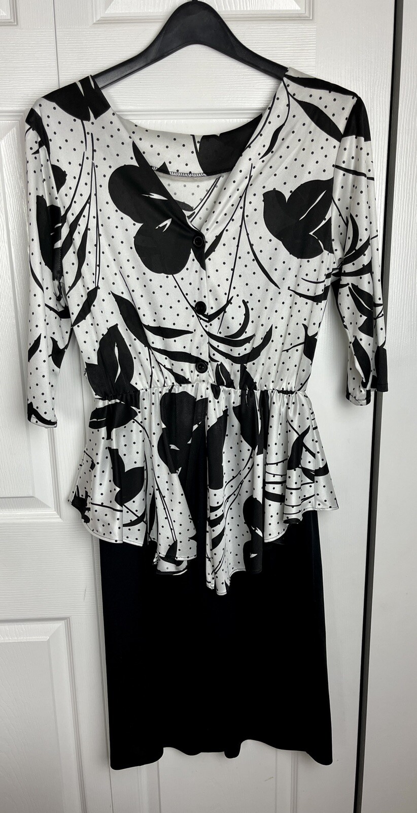Floral Peplum Dress Size 12 80’s Era KR of NY 3/4 Sleeve Black and White Vintage