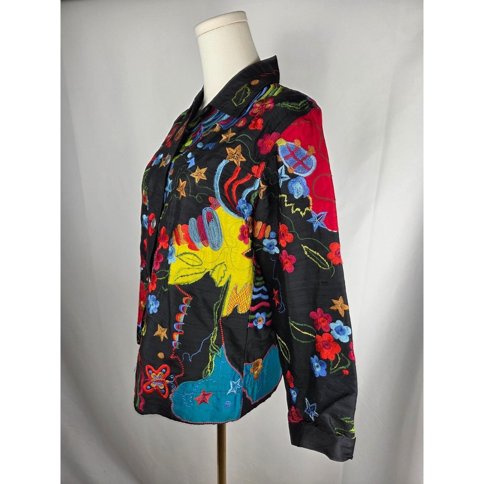 Chico’s Design Jacket Womens Size 1 Medium Black Silk Embroidered Vintage 80s