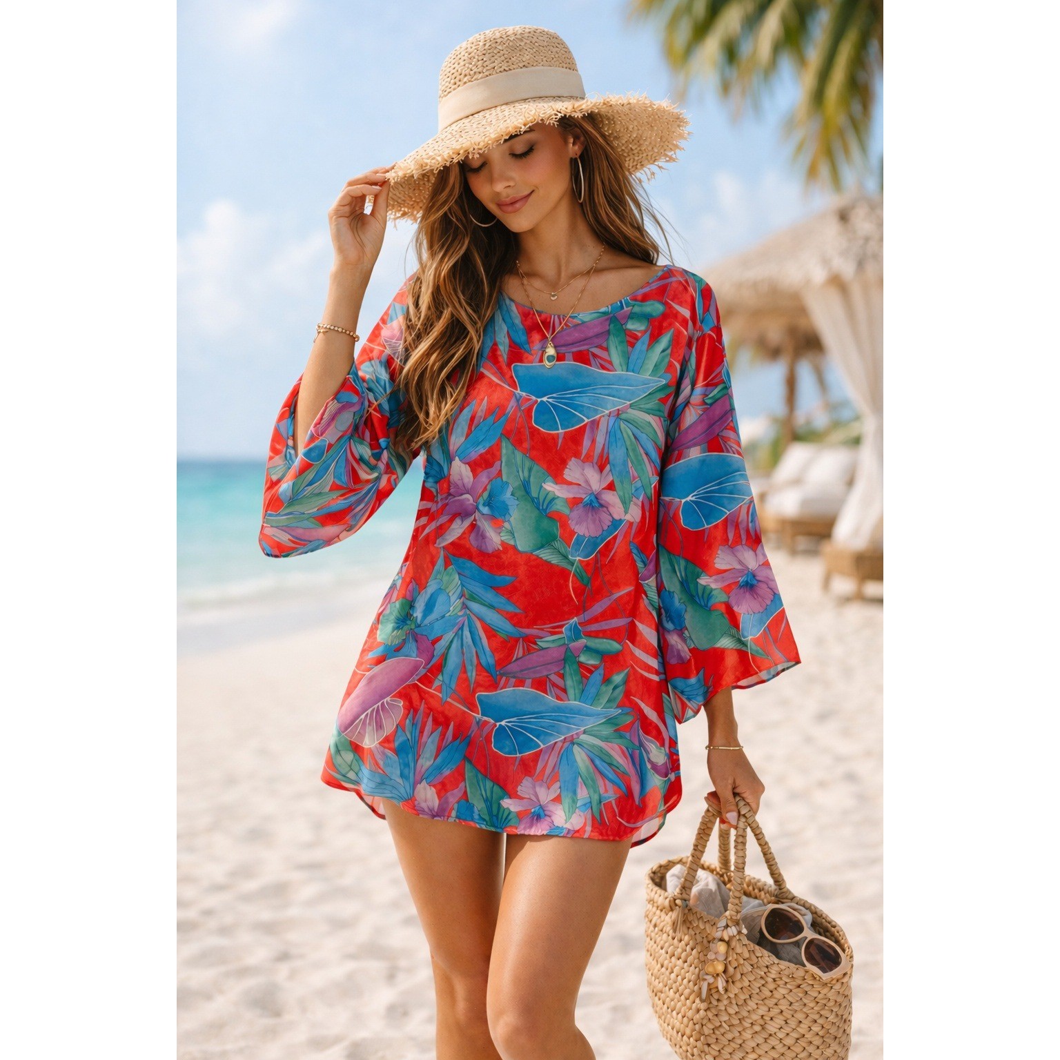 Vintage Mary McFadden Mini Dress Red Satin Tropical Resort Beach Cover Up S USA