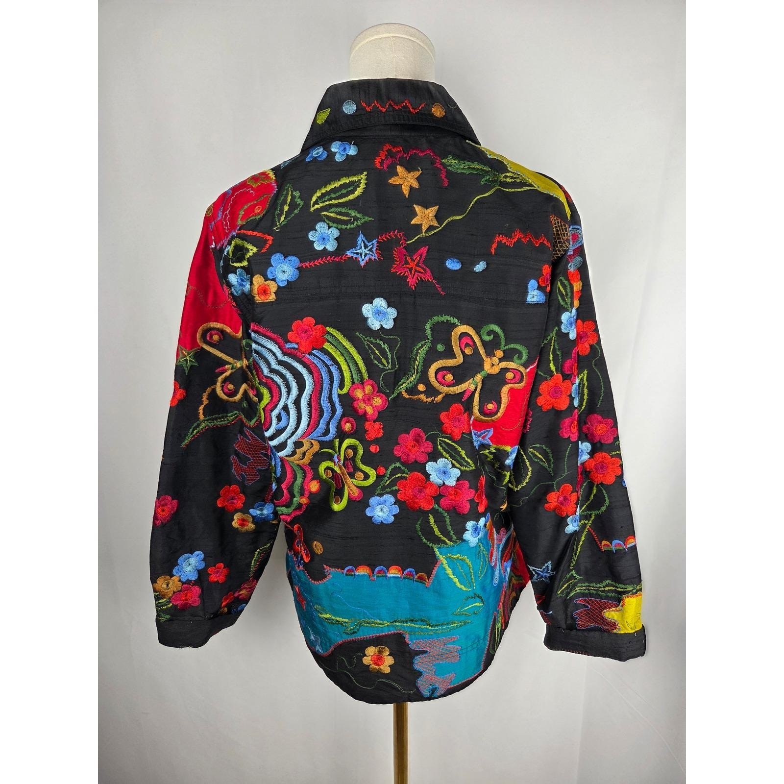 Chico’s Design Jacket Womens Size 1 Medium Black Silk Embroidered Vintage 80s