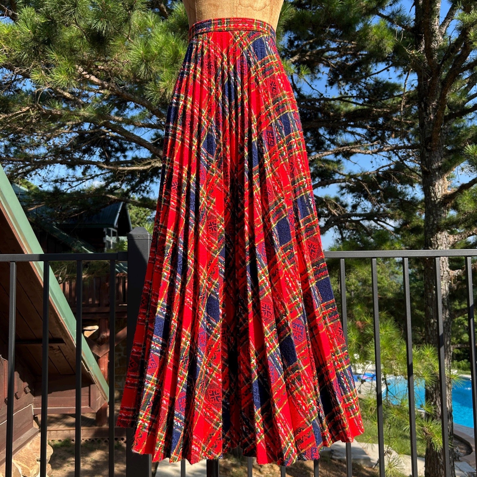 Vintage 60s Bold Tomato Red Plaid Accordion Fan Pleat High Waist Full Maxi Skirt