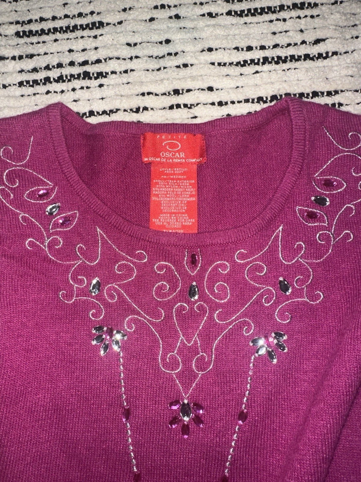 Vintage Oscar de la Renta Y2K Pink Embellished Rhinestone Knit Top Shell M